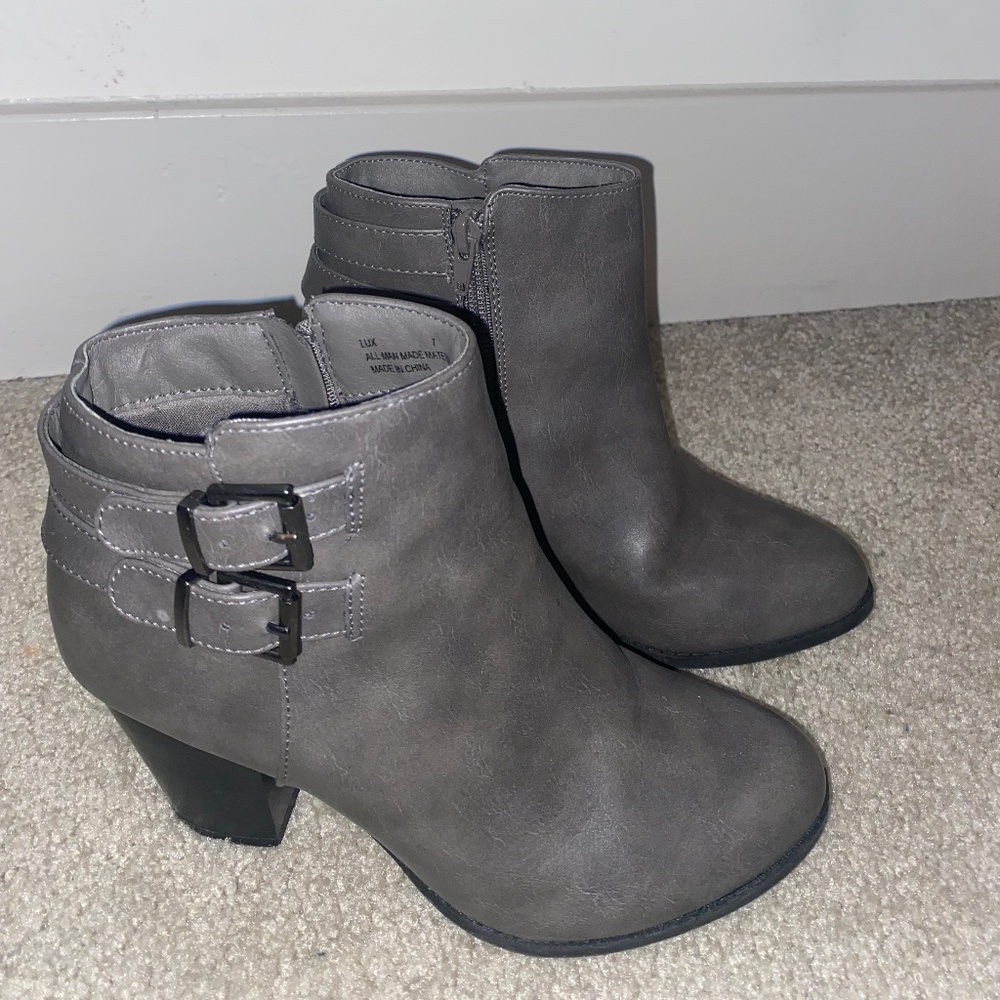Lightly worn gray leather booties